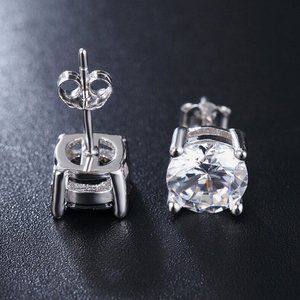 Mens Silver Solitaire Diamond Zircon Stud Earrings 8mm, 2.04ctw each Party Gift